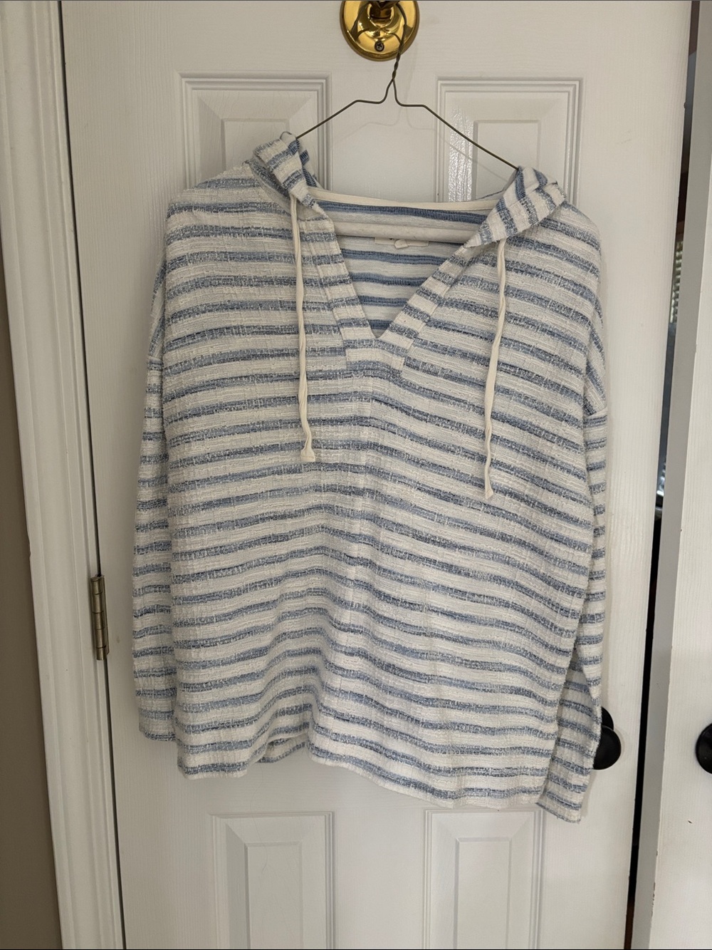 Lou & Grey White and Light Blue Striped Hooded Pullover